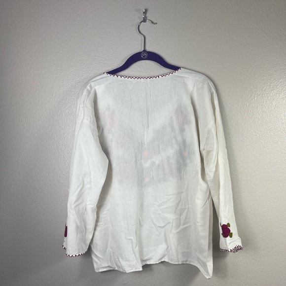 Hand stitched Mexican Floral White 3/4 Sleeve Blouse Medium - Picture 5 of 5